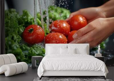 Washing Fresh Tomatoes and Lettuce Wall mural