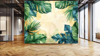 Watercolor green tropical leaves border, white background Wall mural