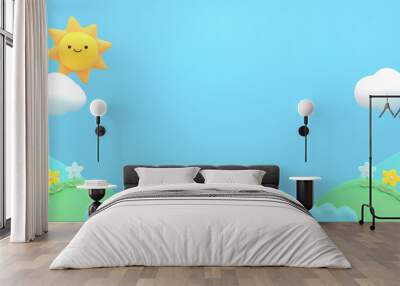 3d rendered cute sun, white clouds, flowers, and mountains. Wall mural