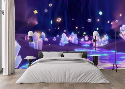 3d rendered neon glowing crystal gemstones cave. Wall mural