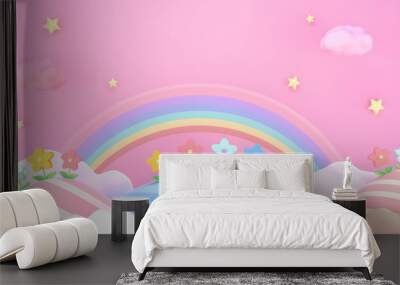 3d rendering picture of sweet cartoon mountains, flowers, stars and rainbow. Wall mural