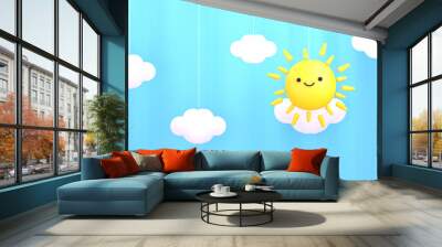 Cartoon cute sun with smile face, hanging white clouds paper crafts, and blue curtain. 3d rendering picture. Wall mural