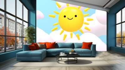 Cartoon smiling sun and white clouds in the blue sky. 3d rendered picture. (vertical) Wall mural