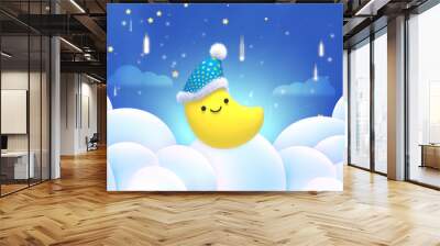 Cartoon sweet lullaby theme. Cute smiling moon wearing a nightcap with fluffy pom pom. Beautiful shooting stars and white clouds at night.3d rendering picture. Wall mural