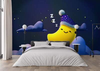 Cute sleeping moon with zzz at night. Concept of sweet lullaby theme. 3d rendering picture. Wall mural