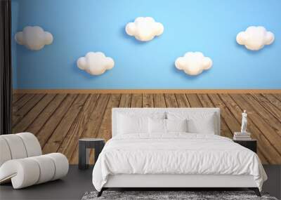 White clouds on blue wall and empty wooden floor. Concept of children playroom or game room. 3d rendering picture. Wall mural