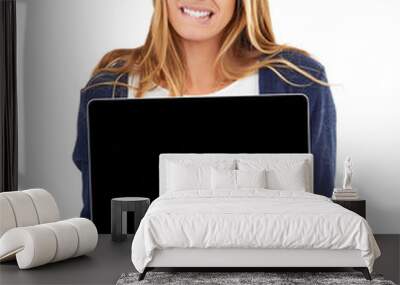 Could you show me how this works. A young woman holding a laptop - isolated. Wall mural