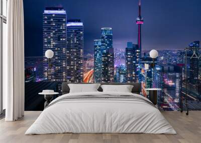 Entire futuristic city skyline view of downtown Toronto Canada. Modern buildings, urban architecture, cars travelling. construction and development in a busy city Wall mural