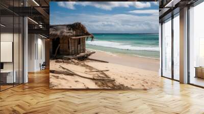 A beach scene with a hut on the beach Wall mural