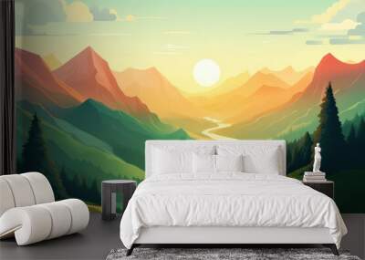 A cartoon image of a green mountain landscape Wall mural