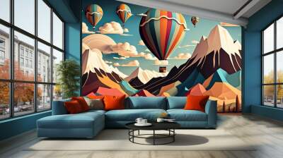 A mountain with hot air balloons and a sky with clouds Wall mural