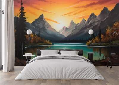 A painting of mountains and a lake with a sunset Wall mural