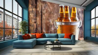 bottles of beer in a bucket on a wooden table Wall mural