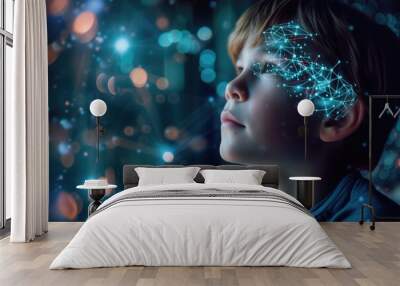 Child with a cybernetic brain that gives him access to the global network and artificial intelligence Wall mural