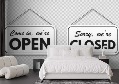 Come in, we're open and sorry, we're closed hanging signboard set with rope and shadow on transparent background. Vector EPS 10 Wall mural