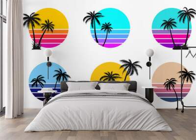 Retro sunset set with black palm tree silhouettes isolated on white background. Vector EPS 10 Wall mural