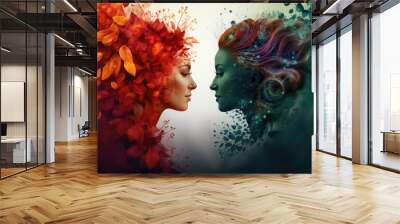 Two women with colorful hair and leaves in love Wall mural