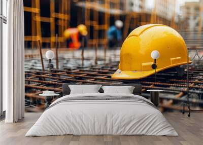 Under construction, yellow construction helmet on rebar Wall mural