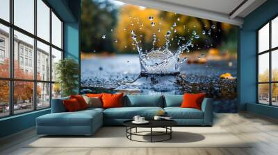 Water rain droplet splashes in puddle on ground Wall mural