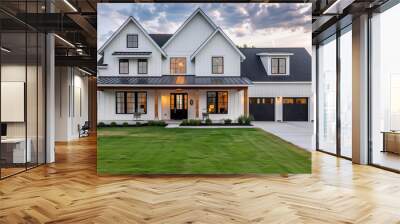 White house with black roof and garage Wall mural