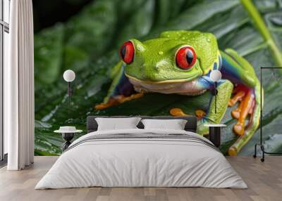 A vibrant green and blue red-eyed tree frog perched on a large green leaf, its bright red eyes staring directly at the viewer. Wall mural