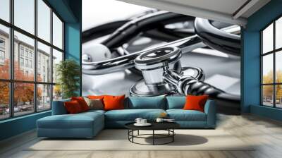 Close-up of a medical stethoscope with a chrome finish. Wall mural