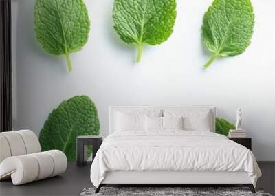 Six fresh green mint leaves arranged in a symmetrical pattern on a white background. Wall mural