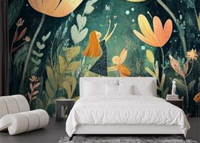 Two girls in a magical flower garden with flowers and foliage. Wall mural