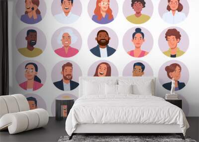 Avatars of business men and women, office workers. Set of business people portraits in circles background Wall mural