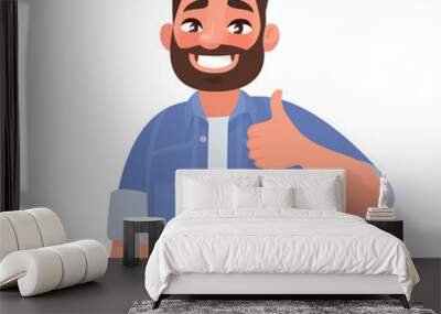 bearded happy man shows thumb up. gesture cool Wall mural