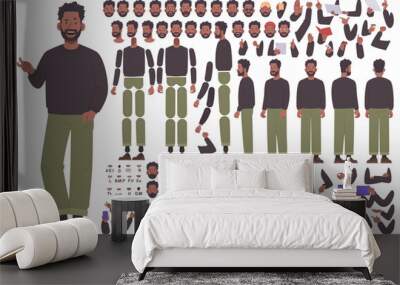 Black guy character constructor. Young man in casual clothes. Set of different body positions, arms, legs, head for animation and creating your own illustrations. DIY kit Wall mural