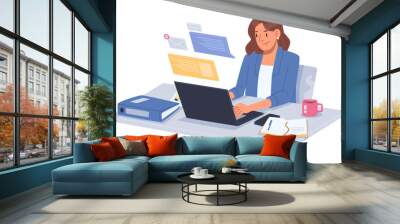 Business woman at desktop. Office employee working on a laptop, group corporate chat and checking mail Wall mural