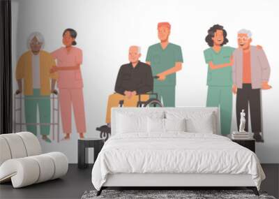 Care for the elderly. Nurses help and care for the health of older men and women in a nursing home or hospital. Vector illustration Wall mural