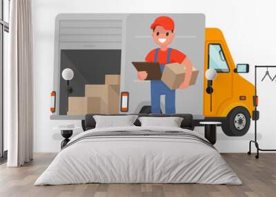 Courier with the parcel on the background of the delivery service van Wall mural