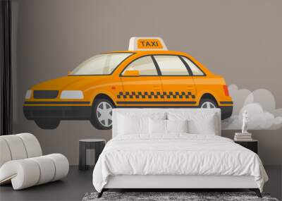 Fast taxi. The car rides to order, leaving a puff of smoke behind. The concept of quick delivery Wall mural