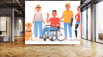 Group of characters with disabilities. People and disability. Blind woman with a guide dog, a guy in a wheelchair, a man and girl with prostheses Wall mural