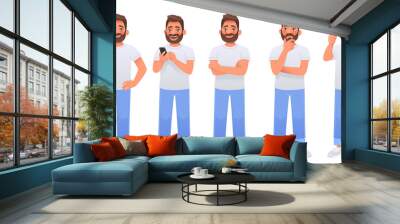 happy bearded man character set dressed in white t shirt and jeans. smiling guy points with hand, ho Wall mural