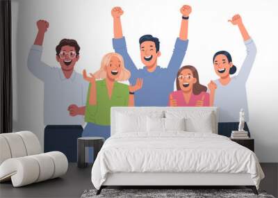 Happy business team celebrating victory. Colleagues rejoice in success and achievements. The concept of successful teamwork Wall mural