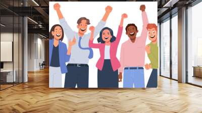 Happy business team rejoices, colleagues raised their hands up and rejoice in success and achievements Wall mural