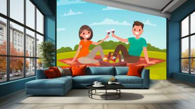 happy couple of young people on a picnic. a trip to nature together. vector illustration Wall mural