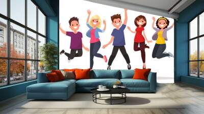 happy group of people jumping on a white background. the concept Wall mural