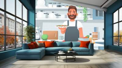 Happy man cooked salad in the kitchen. Cooking different dishes as a hobby or routine. Vector illustration Wall mural