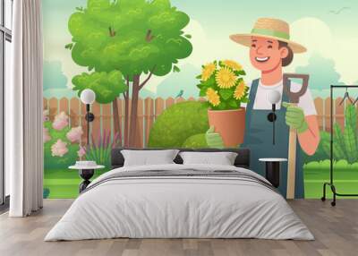 Happy woman gardener dressed in an apron and a hat holds a flower pot and a shovel in her hands against Wall mural