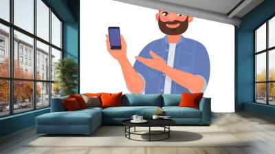 Man shows the smartphone the screen forward. Advertising or presentation of a mobile application Wall mural