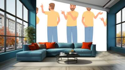 Set of a male character who presents, looks out and points at something. Vector illustration Wall mural