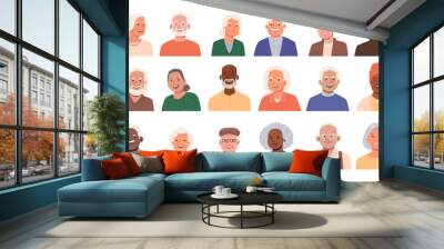 Set of avatars of happy smiling seniors. Elderly people. Portraits of old men and women of different nationalities Wall mural