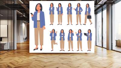 Set of business woman character in various actions on white background. A woman with a phone and a laptop Wall mural