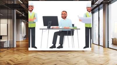 Set of character construction engineer in helmet and signal vest. Builder or foreman with a laptop, at  desktop Wall mural