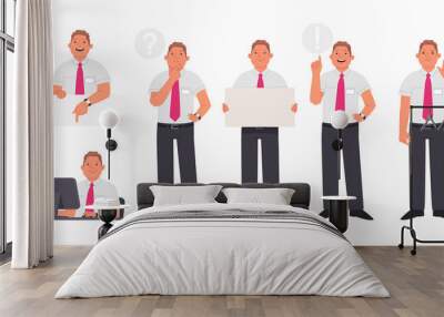 Set of character manager or employee of the company in various actions. Smiling man at desktop, thinks Wall mural