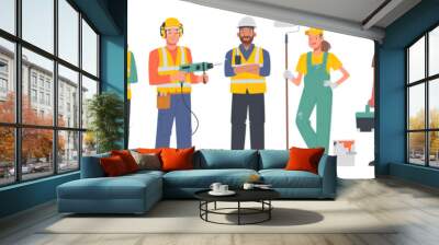 Set of characters of men and women working professions. Builders in uniform and protective vest and helmet Wall mural